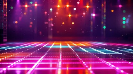 Poster - Colorful dance floor background with bright lights, reflections, and sparkling effects creating vibrant atmosphere for entertainment and celebration events