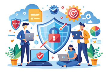 Poster - An illustration depicting three business professionals working together to protect and secure data and information using advanced technology like a large shield and a padlock.