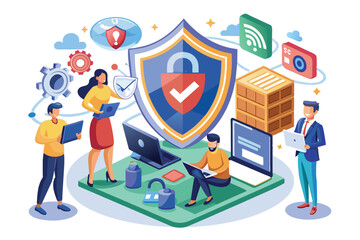 Poster - Illustration depicting a secure digital platform for businesses with secure data and network access, featuring a large shield symbol, people using laptops, and network connectivity icons.