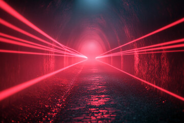Poster - Red laser beams illuminate a dark tunnel, creating a dramatic and mysterious atmosphere, showcasing a sense of journey and unknown possibilities