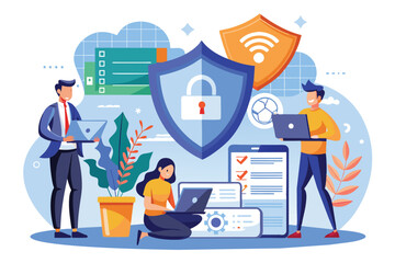 Poster - An illustration depicting three people working on laptops, with various security shields and a Wi-Fi symbol, representing online security and network connectivity.