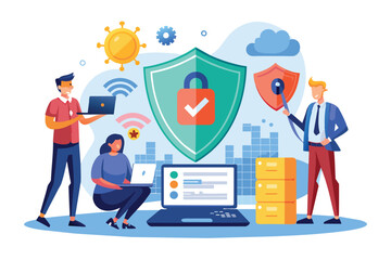 Poster - Illustration of three people working on laptops, with large green and red shields representing network security, surrounded by Wi-Fi symbols and a cloud.