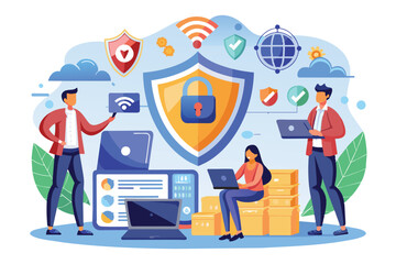 Poster - Illustration depicting three people working on laptops with a large shield and lock icon symbolizing secure online data protection and network security.