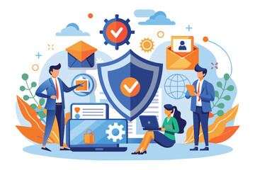 Poster - An illustration depicting a business team working securely online with data protection and privacy measures in place.