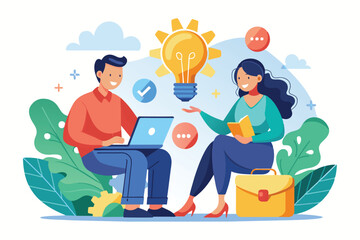 Poster - A man and woman collaborate outdoors, discussing an idea with a lightbulb symbol, man on laptop, woman with book.