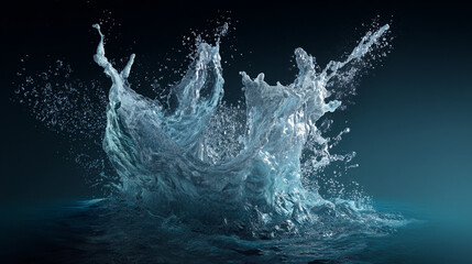 Poster - A dynamic water splash with droplets and wave crests against a dark blue gradient background scene