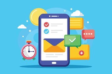 Poster - An illustration of a smartphone displaying an open email message and checklist app, with a notification bubble and an alarm clock in the background.