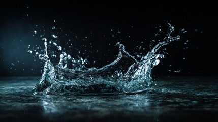 Poster - Close up of a water splash with droplets on a dark surface and background in a studio shot