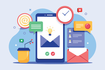Poster - A modern illustration depicting a smartphone displaying an email with a light bulb icon representing ideas, alongside time management symbols, notifications, and a coffee cup.
