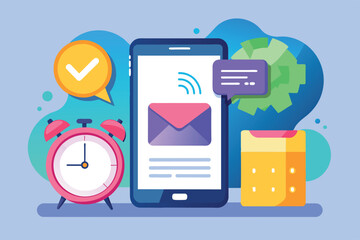 Poster - A colorful illustration of a mobile phone with an email notification on the screen. There is an alarm clock next to it, signifying an upcoming event or reminder.