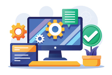 Poster - An illustration depicting a desktop computer with cogwheels and a checkmark, suggesting successful configuration or optimization.