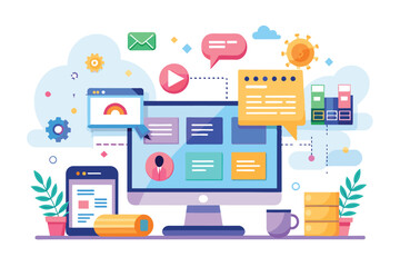 Poster - An illustration depicting a modern workplace with a desktop computer, a tablet, and various digital elements, such as email, video playback, messages, and data visualizations.