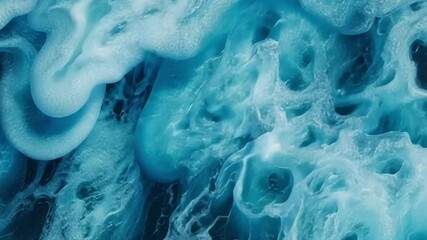 Poster - Abstract Blue Ocean Waves with Soft Foam and Turbulent Swirls Captured from Above for Artistic and Natural Backgrounds