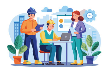 Poster - Three construction workers are gathered in an office, reviewing plans and discussing project details.