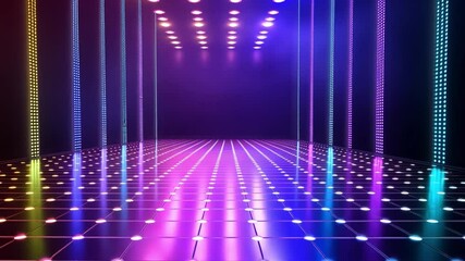 Poster - Colorful Light Show with Neon Glow Effect in a Futuristic Space Perfect for Dance Floors, Music Events, and Party Imagery in Stock Photography