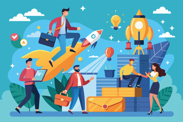 Poster - An illustration of businesspeople collaborating on a new startup launch, one person is riding a rocket while others support the launch.