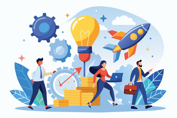 Poster - An illustration depicting a business team working together towards success, with a lightbulb, rocket, clock, and gears representing innovation, growth, time management, and teamwork.