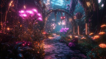 Poster - A mysterious and luminescent garden path illuminated with glowing flora