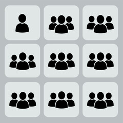 Poster - Group Icons: A collection of simple, silhouetted icons representing various group sizes, suitable for web design, infographics, or any project requiring visual representation of people or teams.