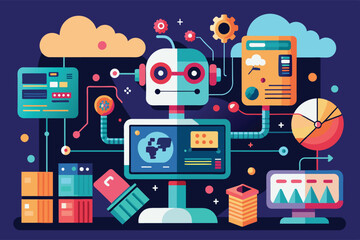 Poster - An illustration of a robot working with data and technology, surrounded by various devices, charts, and clouds.