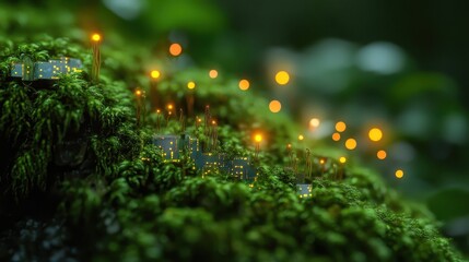 Poster - Microscopic glowing circuitry nestled among vibrant green moss and plants