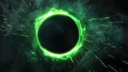 Poster - Captivating Green Light Effects with Dynamic Energy Surrounding a Black Circle on a Dark Background for Creative Imagery