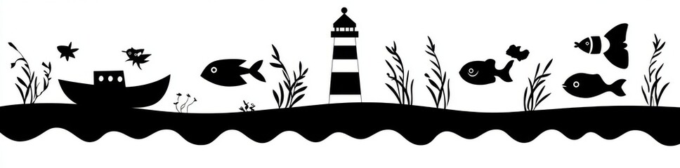 An imaginative monochrome illustration depicting diverse fish, boats, and underwater creatures
