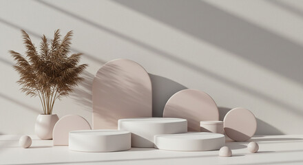 Poster - Serene minimalist display with pampas grass in a sunlit room featuring soft, neutral tones and curved podiums.