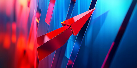 Poster - Red arrow shape rising among blue and red abstract geometric forms, showcasing upward movement, growth, and progress, ideal for business or technology concepts