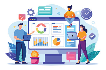 Poster - A team of three people work together to analyze data displayed on a large computer screen, featuring charts and graphs.