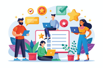 Poster - An illustration of a team working together on a survey with a large computer screen showing a checklist and feedback stars.