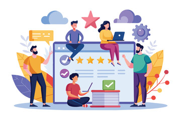 Poster - Illustration of a team reviewing a website on a big screen with 5 stars and check marks for positive feedback and completion.