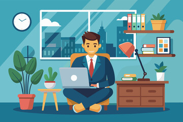 Poster - A businessman sits in a chair with his legs crossed, working on a laptop in a modern office. The room has a large window with a cityscape view.