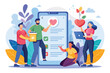© Tanu - An illustration shows four people using a popular app on a large smartphone with a heart icon, animated and engaged in different ways.