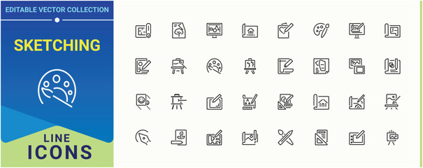 Aufkleber - Sketching icon collection. Pack of graphic, paintbrush, draw, sketch and more. Drawing icon set. Simple line vector icons. Editable stroke. Vector illustration.
