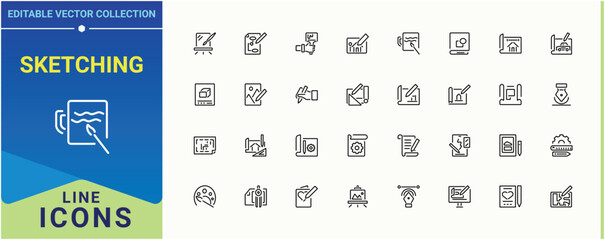 Aufkleber - Sketching icon collection. Pack of graphic, paintbrush, draw, sketch and more. Drawing icon set. Simple line vector icons. Editable stroke. Vector illustration.