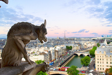 Wall Mural - gargoyle of paris on notre dame cathedral church and paris cityscape from above, france, retro toned
