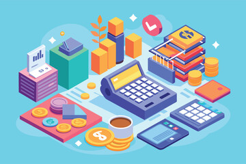 Poster - An illustration depicting the essential tools for modern business financial management, including a cash register, calculator, charts, and money.