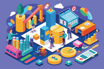Poster - An isometric illustration shows business professionals analyzing financial data and growth strategies with charts, graphs, coins, and symbols of success.