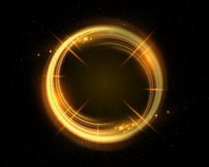 Fototapete - Golden light trail with glowing particles on dark background, abstract motion and speed concept.