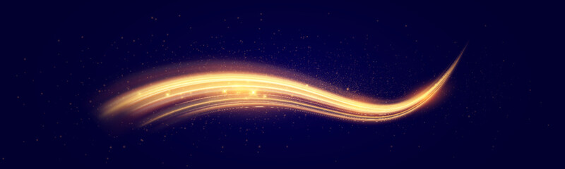Aufkleber - Golden light trail with glowing particles on dark background, abstract motion and speed concept.