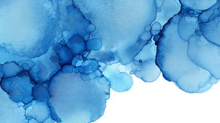 Poster - Abstract blue ink painting with watercolor effect showing fluid and organic shapes on white background