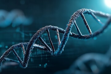 close-up detailed 3d render of a dna double helix against a dark teal background with subtle grid ov