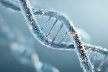 close-up detailed 3d rendering of a dna double helix structure with glowing particles, concept for s