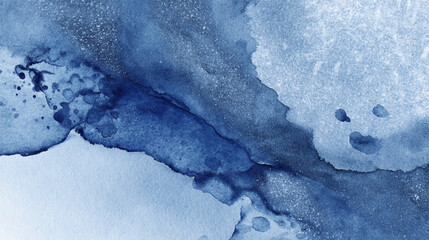Poster - A blue watercolor painting with abstract shapes and textures on a white background with dark blue spots