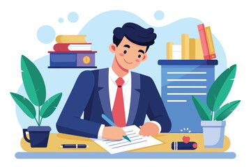 Poster - A businessman sits at a desk with books, plants, and a cup of coffee, writing an important document. He is focused on his work and looks professional in a suit and tie.
