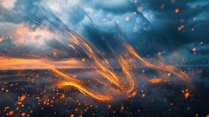 Poster - Fiery glowing streaks dance across a dark and cloudy sky