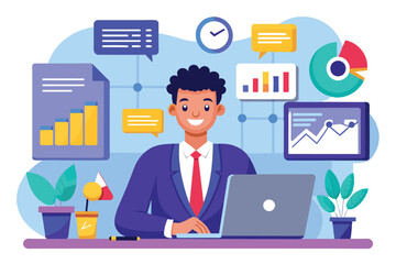 Poster - Illustration of a smiling businessman working on a laptop with various charts and data visualizations in the background.