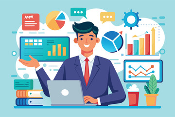 Poster - An illustration of a smiling businessman working on his laptop with various data charts and graphs surrounding him, suggesting he is analyzing and interpreting financial information.