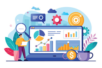 Poster - An illustration of a business analyst working on financial data and charts on a laptop computer.